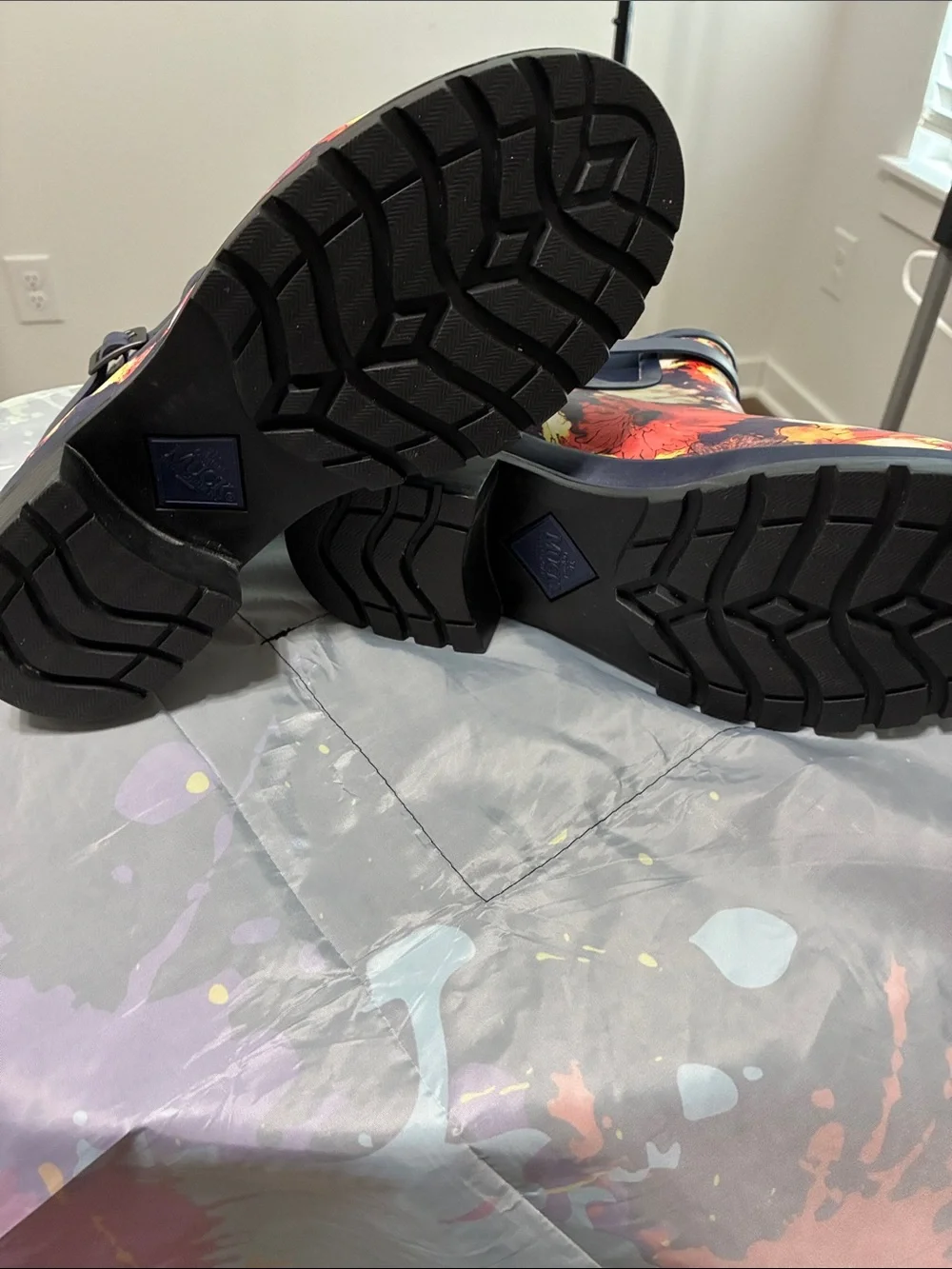 Floral Waterproof Ankle Rain Boots in Navy and Cream